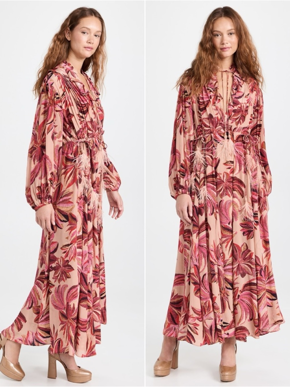 FARM Rio Floral Tapestry Maxi Dress V-Neck Boho Pink Long Sleeve Belted Dress M​